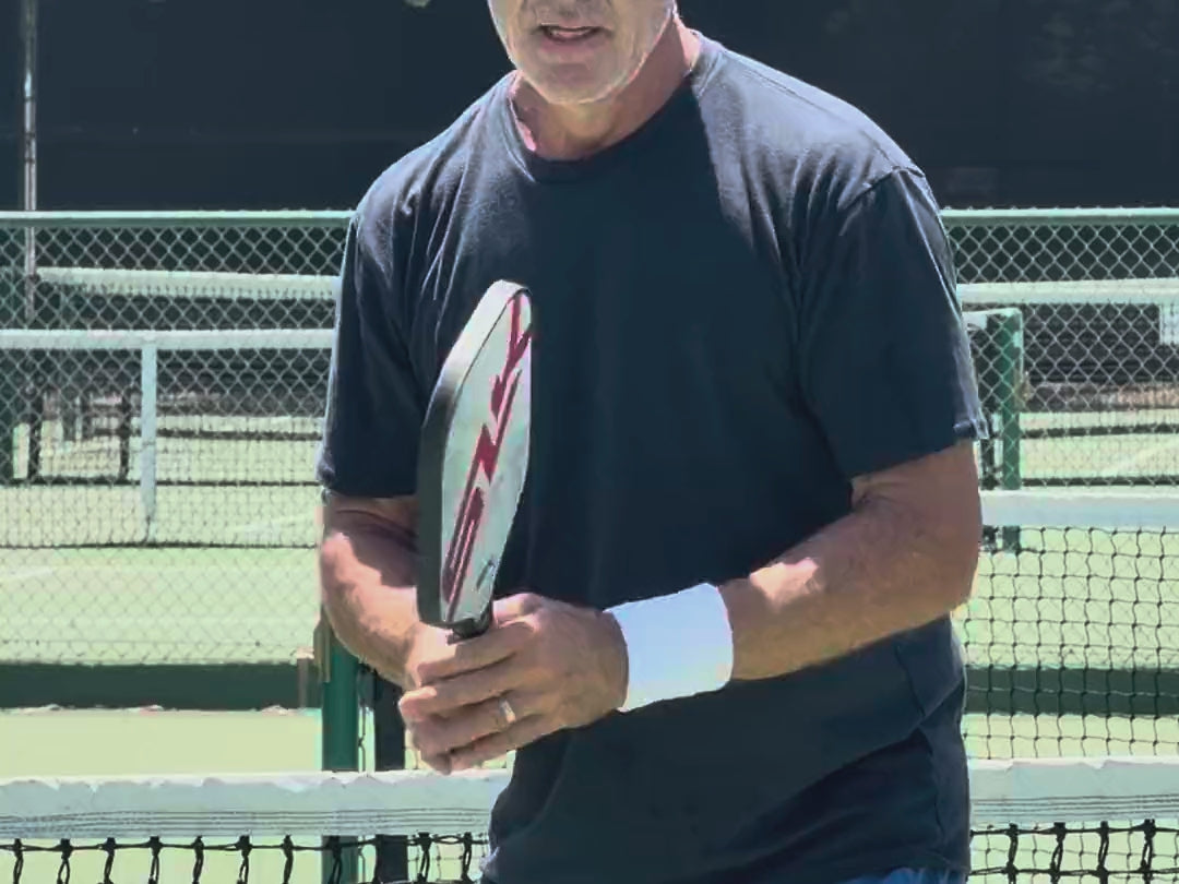 Tapping a Swips sweatband on the wrist to release rosin, courtside