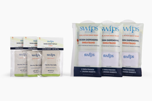 Three Swips 2-Pack sweatband packages and three Rosin Insert Refills 2-Packs, the 2-Pack x3 bundle