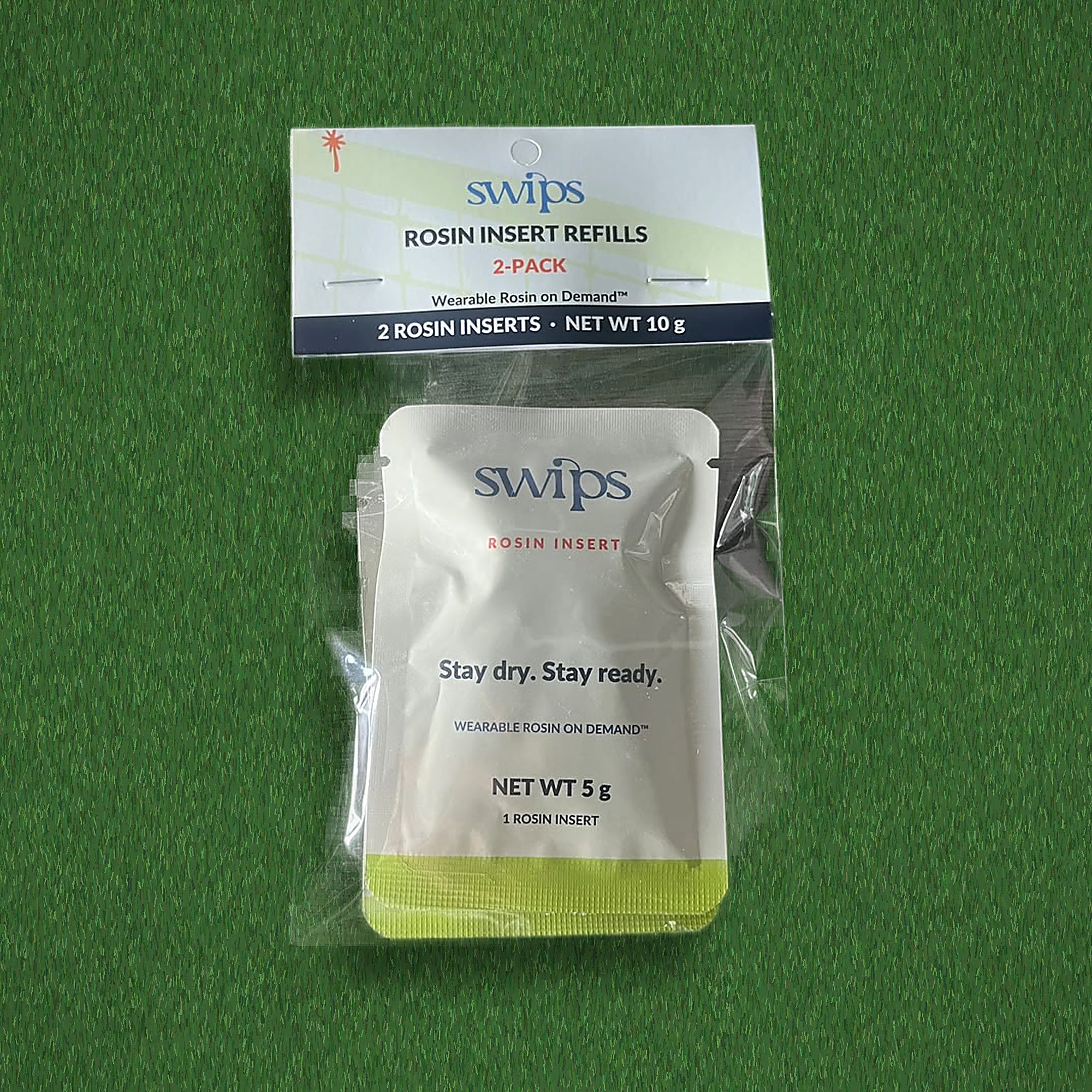 Swips Rosin Insert Refills 2-Pack in its retail hang pack on turf, two rosin inserts, net weight 10 g