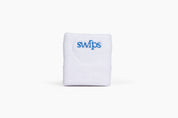 White terry cloth Swips sweatband with blue embroidered logo and a hidden rosin insert pocket