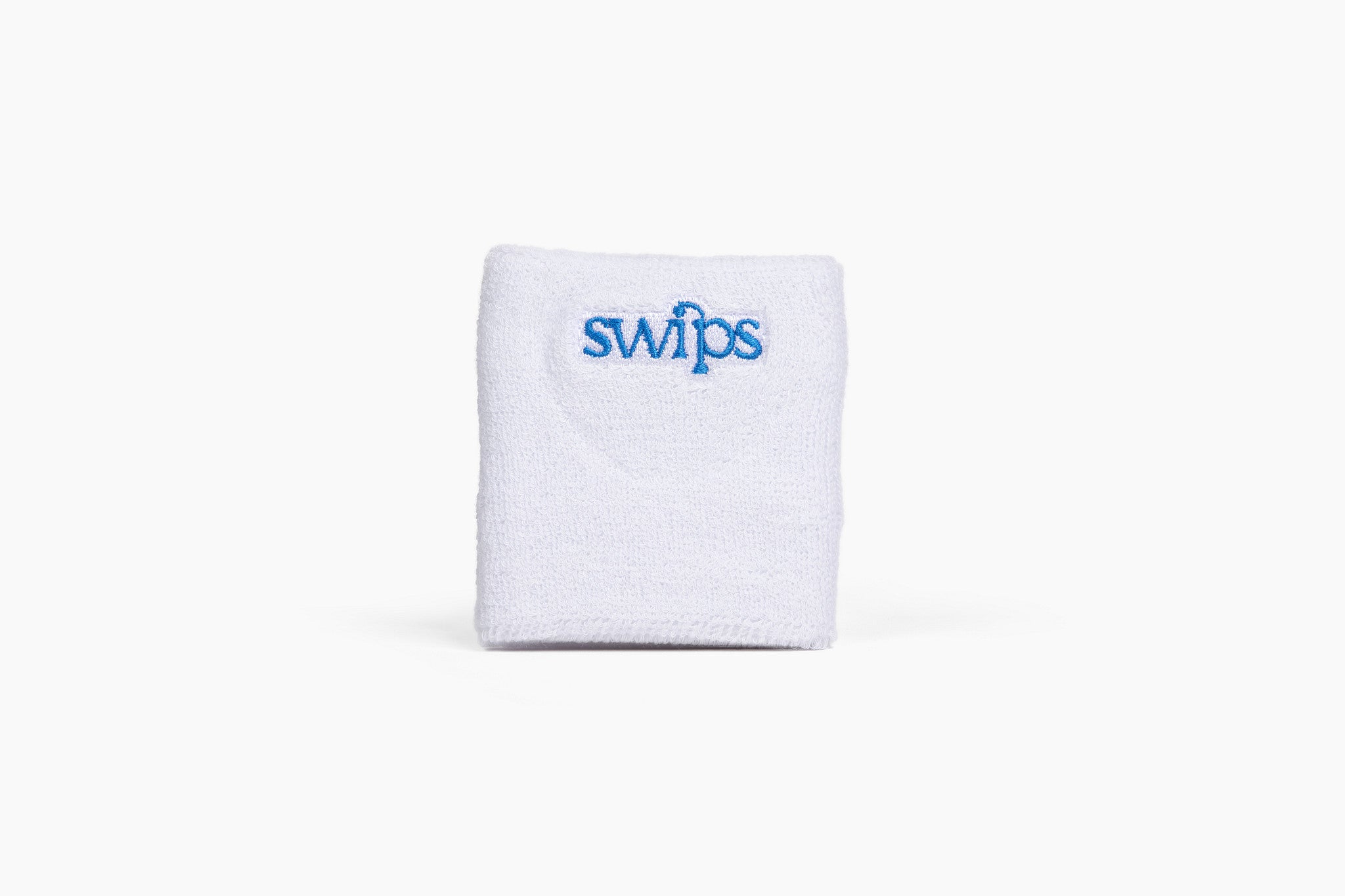 White terry cloth Swips sweatband with blue embroidered logo and a hidden rosin insert pocket