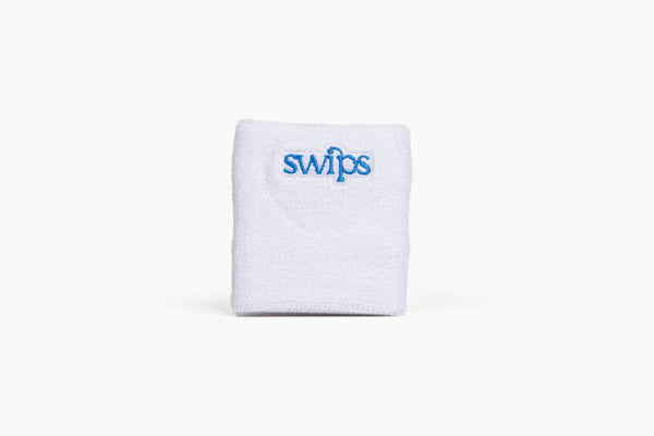 White terry cloth Swips sweatband with blue embroidered logo and a hidden rosin insert pocket